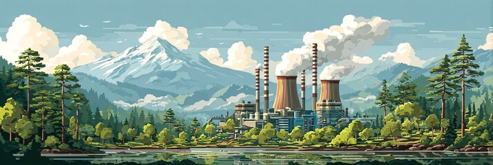 PASTELOWA ILUSTRACJA FABRYKI BIOMASY W STYLU FLAT DESIGN
