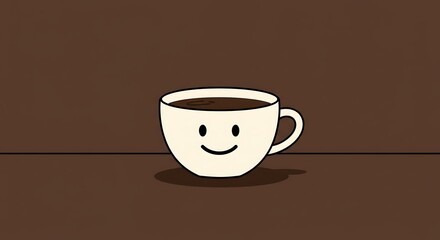 Smiling coffee cup cartoon illustration on brown background for positivity