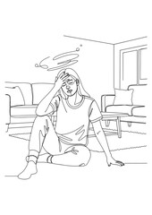 A woman is dizzy and holds her head while sitting on the floor.