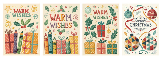 Colorful Christmas cards featuring gifts and festive designs to spread warm wishes this holiday season.
