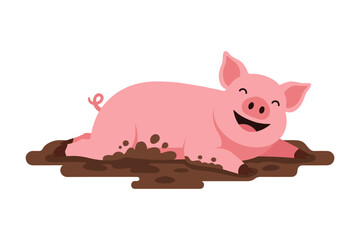 Happy cartoon pig lying in a mud puddle, smiling with joy. Cute farm animal illustration for children’s books, educational materials, and agricultural designs. Flat vector on white background.