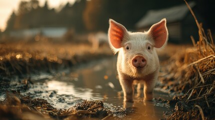Piglet exploring a muddy field at sunrise in a rural setting with barns in the background and warm golden light