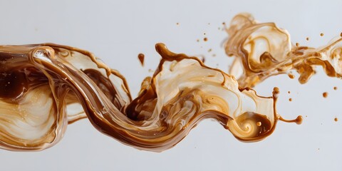 Vibrant brown paint fluid flowing on a white background, Brown liquid creates a visual effect