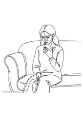 A woman is experiencing chest pain while sitting on a sofa.