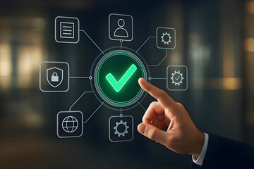 Hand touching glowing green checkmark in digital interface