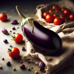eggplant on table in rustic style, still life eggplant various ingredients