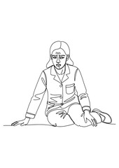 A woman with a worried expression sits on the floor after a fall.
