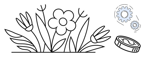 Flowers and leaves symbolize growth gears reflect processes coin adds financial aspects. Ideal for sustainability, eco-economy, innovation, green investment, environment, growth processes, simple