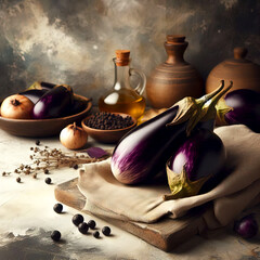 eggplant on table in rustic style, still life eggplant various ingredients