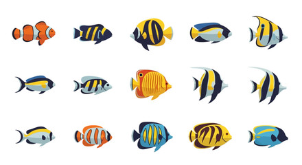 Naklejka premium Colorful collection of stylized tropical fish illustrations. Set of various exotic sea fish like clownfish, angelfish, and butterflyfish in a flat cartoon vecto