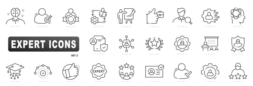 Outline icon set showcasing expert certification, professional badges, training, recruitment, verified profiles, leadership, strategy, security, collaboration, rating, presentation, skills, network - Powered by Adobe