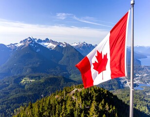 Canadian flag waving over mountains