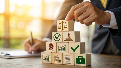 Businessman Stacking Wooden Blocks with Business Icons