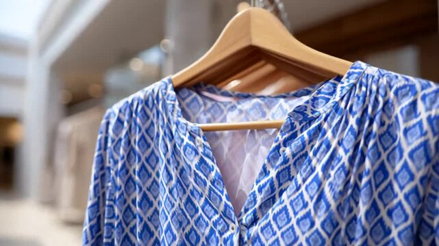 Close-up of a blue patterned blouse on a hanger, evokes a sense of casual fashion and shopping ease, set against a blurred retail background suggesting modern trends