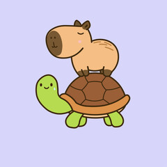 Adorable vector illustration of a cute capybara riding on the back of a friendly turtle. 