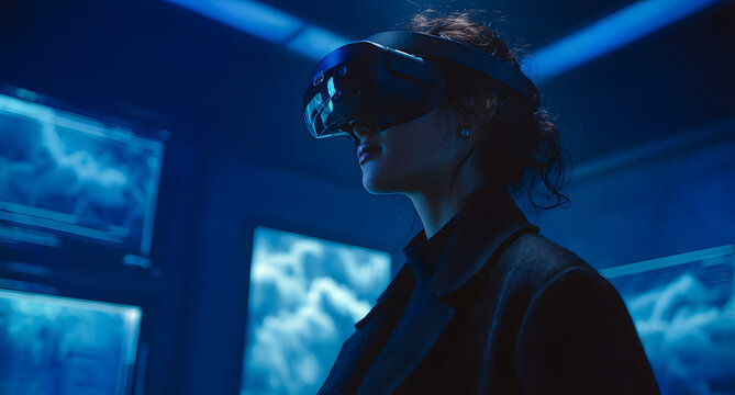 Woman Using Virtual Reality Headset with Holographic Data Streams
