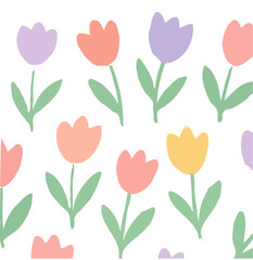 Obraz premium A repeating pattern of colorful, stylized tulips on a white background, creating a cheerful design.