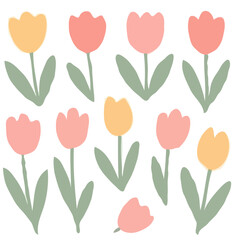 Obraz premium A collection of simple, stylized tulip flowers in pastel colors, arranged on a white background.