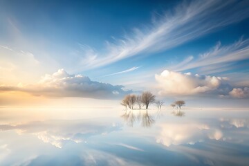 Serene landscape with trees reflected in calm water under a vast sky with wispy clouds at dawn or dusk