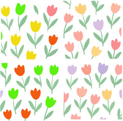 A collection of four colorful, stylized tulip patterns, perfect for spring designs.