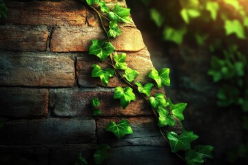 Ivy vine climbing a weathered brick wall, bathed in sunlight, showcasing vibrant green leaves.