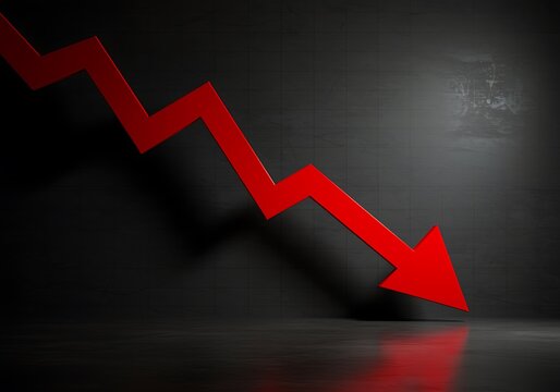 A red arrow pointing downwards against a dark background symbolizes economic decline and financial loss