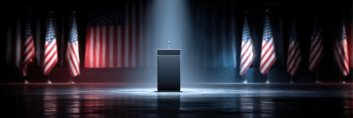 Podium prepared for speech surrounded by American flags in an indoor setting during a political event