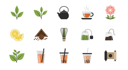 Flat Icons of Tea, Accessories, and Ingredients