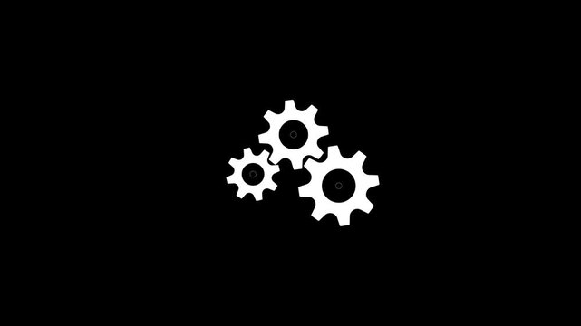 3 white gears spinning. Group of gears. Alpha channel. Gears rotating animation. cogwheel gear icon logotype rotating animation.
