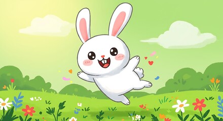 Joyful white rabbit leaping through a colorful meadow cartoon illustration