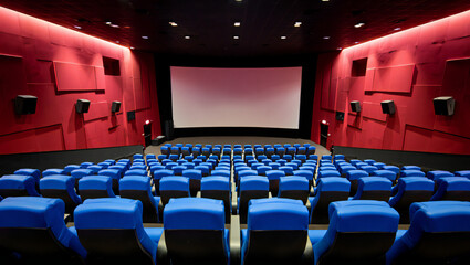 Empty Movie Theater with Blue Seats and Red Walls Promotes Entertainment and Cinematic Experience Waiting for the Audience to Enjoy the Film Presentation