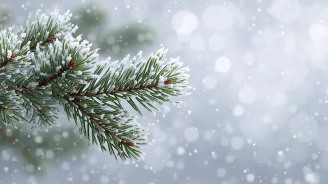 Frost-covered pine branch with delicate snowflakes, evokes a serene winter atmosphere, perfect for holiday themes or seasonal greetings