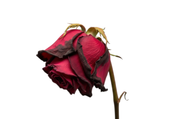 Single deep red wilting rose, shriveled and scorched petals, bent stem, extreme macro, photorealistic, isolated on seamless transparent background with shallow depth of field, concept of decay and
