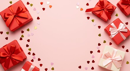 Overhead arrangement of red and white gift boxes with ribbons and heart shaped confetti on a pink background
