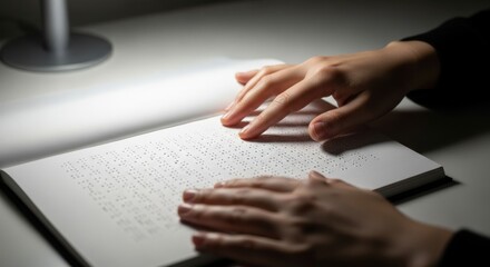 Hands Reading Braille Text in Low Light on White Desk