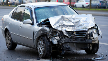Extensive Front End Damage to Silver Sedan After Car Accident Illustrating Automobile Insurance and Road Safety Concerns Following a Collision on City Streets
