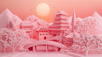 Serene Pink Pagoda Cityscape at Sunrise A Tranquil Asian Scene