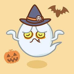 ハロウィンで呆れた顔をした怖い目つきのおばけのイラスト／Halloween illustration of a scary looking ghost with a shocked face