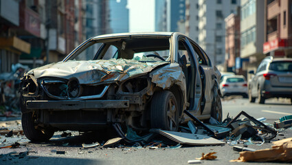 Devastated vehicle wreck on urban street showcases extensive car damage and aftermath of an accident serving as a stark reminder of road safety and the consequences of reckless driving