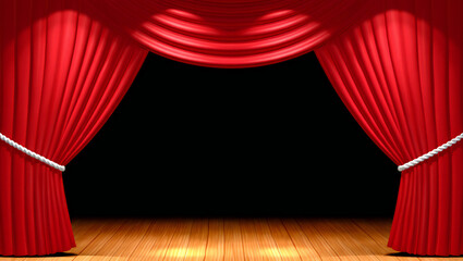 Dramatic Red Stage Curtains with Wooden Floor and Black Backdrop Ready for Performance or Presentation Offering Versatility for Creative Projects