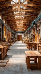 Woodworking workshop filled with natural light highlighting tools and wooden furniture in a spacious, rustic environment