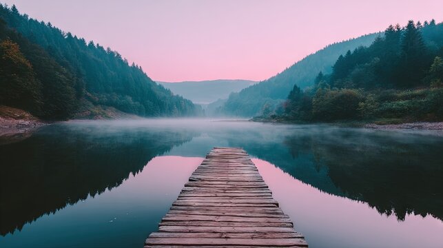 Wooden dock extending into calm misty lake surrounded by forested hills at sunrise, with soft pink sky reflecting on tranquil water surface - Powered by Adobe