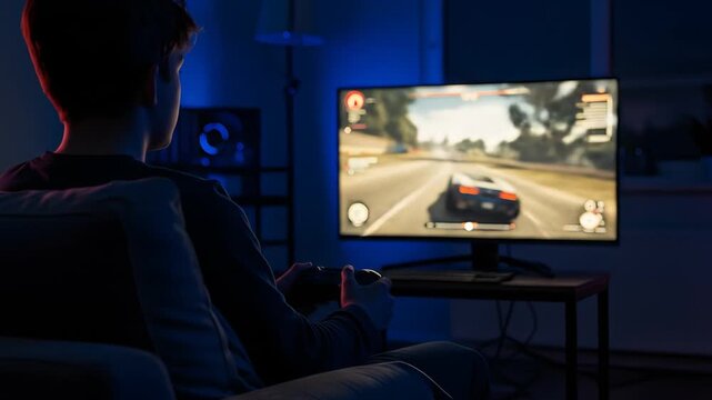 Gamer playing on computer in dark room