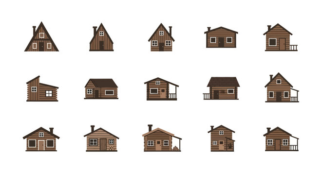 Vector set of various rustic wooden log cabins. Brown A-frame and forest house illustrations with chimneys.