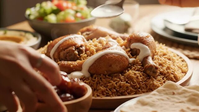 Ramadan dinner table with kabsa drizzled in cool yogurt sauce and a bowl of dates, warm inviting festive spread