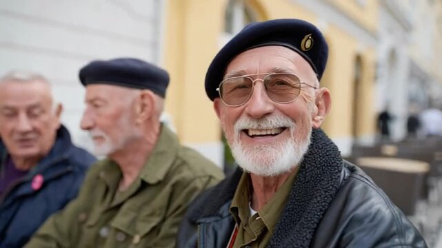 Smiling elderly men in berets sit outdoors, capturing camaraderie and nostalgia, evoking themes of remembrance and veteran gatherings during Veterans Day