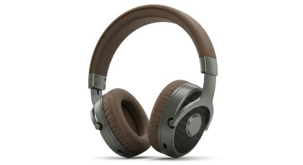 Naklejka premium Gray headphones with brown padding and a mesh earcup stand on a white surface