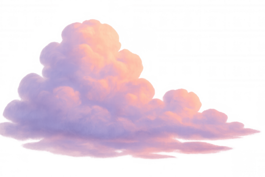 Soft, pastel-colored cumulus cloud formation isolated on a transparent background, ideal for digital compositing and creative projects