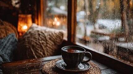 Warm cup of tea on rustic wooden table by rain-streaked window, surrounded by cozy pillows and candlelight for a serene rainy day retreat