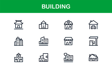 Vector Building Icon Set Featuring Modern Architecture, Construction, Skyscrapers, and Real Estate Symbols